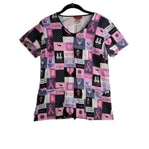 Warriors In Pink Top Size S Womens Pink Breast Cancer Short Sleeve V Neck Scrub